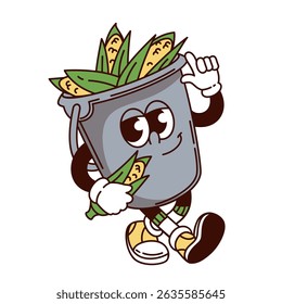 Smiling metal bucket filled with fresh corn cobs, walking with legs in sneakers and white gloves. Funny farm character in groovy cartoon doodle style. Corn for harvest design. Vector illustration.