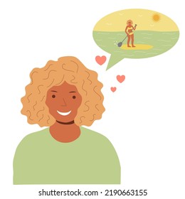 Smiling metis girl with curly hair dreaming about summer and paddleboarding, flat vector