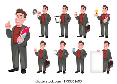 Smiling middle aged businessman, set of nine poses. Happy handsome business man cartoon character. Vector illustration
