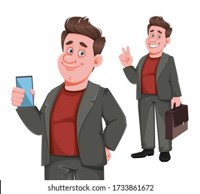 Un empresario sonriente de mediana edad, con dos poses. Feliz personaje de caricatura de un hombre de negocios que sostiene un smartphone y una cartera de documentos. Ilustración del vector