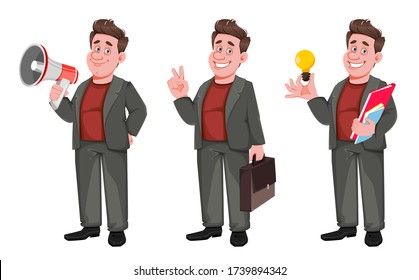 Smiling middle aged businessman, set of three poses. Happy handsome business man cartoon character. Vector illustration on white background