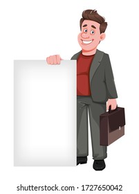 Smiling middle aged businessman standing near big blank banner. Happy handsome business man cartoon character. Vector illustration