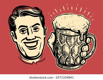 Hombre sonriente de mediana edad ofrece taza de vidrio de cerveza. Cartel publicitario retro. Ilustración vectorial en estilo de cómic pop art