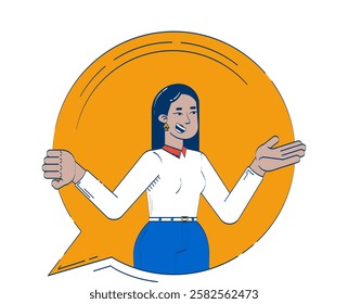 Smiling middle eastern corporate woman gesturing in speech bubble 2D doodle character. Friendly employee communication cartoon person vector drawing isolated on white. Hand drawn illustration colorful