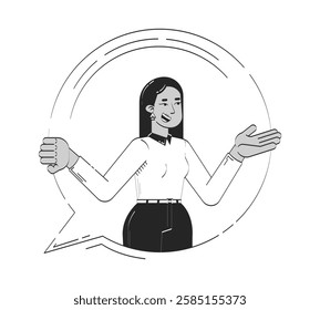 Smiling middle eastern corporate woman gesturing in speech bubble doodle linear character. Friendly employee communication 2D vector outline person isolated. Hand drawn drawing illustration monochrome