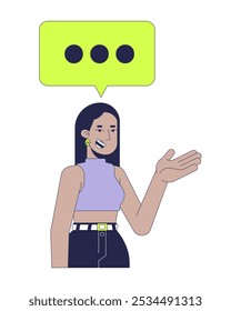 Smiling middle eastern woman with text message bubble 2D cartoon character. Modern arab female talking three dots isolated person flat vector on white background. Spot illustration colorful