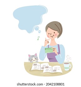 Smiling middle woman and cat searching with smartphone