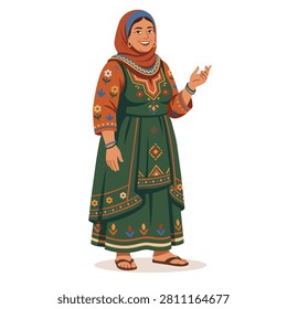 Smiling middle-aged Central Asian Afghan woman in traditional embroidered green dress and headscarf standing flat vector illustration