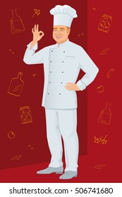 Smiling middle-aged chef shows gesture delicious, against the backdrop of culinary spices and herbs.