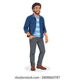 Smiling middle-aged Latin American man with beard and curly hair wearing casual denim jacket flat vector illustration