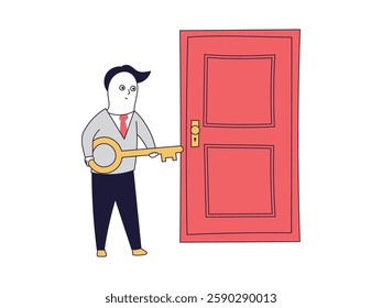 A smiling middle-aged man takes on a new challenge in a new world, holding the key to open a closed door.