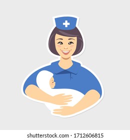 Smiling midwife holding newborn. Vector flat illustration