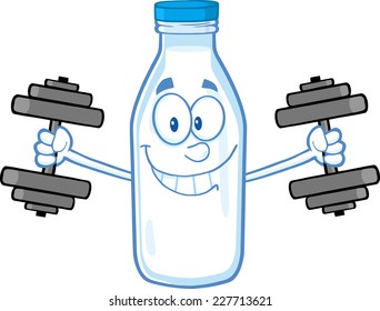 Smiling Milk Bottle Character Training With Dumbbells. Vector Illustration Isolated On White Background