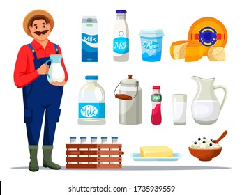 Smiling milkman holding jar with milk and attribute set isolated on white background. Dairy product. Cheese, fresh drink in different package, cottage-cheese, yogurt, butter, milk-porridge with berry