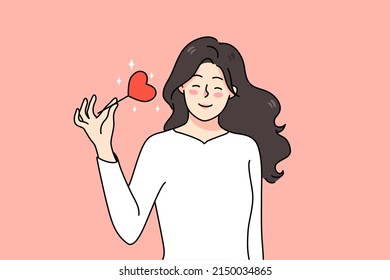 Smiling millennial girl with heart on stick celebrate valentine day. Happy young Caucasian woman spread share love and affection. Relationship and romance in air. Vector illustration. 