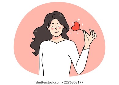 Smiling millennial girl with heart on stick celebrate valentine day. Happy young Caucasian woman spread share love and affection. Relationship and romance in air. Vector illustration.