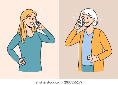 Smiling millennial girl talk on cellphone with positive grey-haired old grandmother. Happy young woman call optimistic elderly grandma, enjoy pleasant conversation on cell. Flat vector illustration.