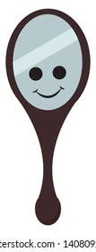 A smiling mirror with two black eyes with a black colored handle and a black colored frame with a stripe on it, vector, color drawing or illustration. 