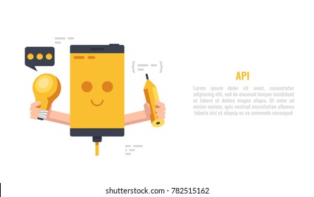 Smiling mobile phone hold lighting bulb and pencil, web development and api function access concept, mobile application flat vector