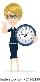 Smiling modern business woman showing victory gesture and standing with a big clock. Stock Vector Illustration of a cartoon teacher