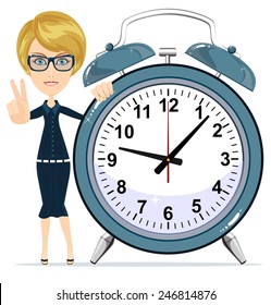 Smiling modern business woman showing victory gesture and standing with a big alarm clock. Stock Vector Illustration of a cartoon teacher