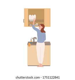 Smiling modern housewife wash dishes at kitchen vector flat illustration. Happy domestic woman enjoy housework isolated on white. Female putting clean plates on shelf. Joyful lady with crockery