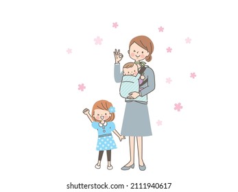 Smiling mom and children in suits going out in spring