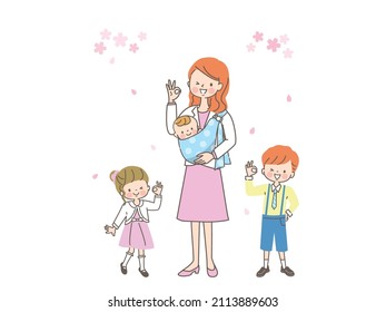Smiling mom and children in suits going out in spring