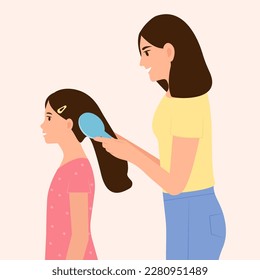 Smiling Mom  combing her little daughter hair with a brush. Mother  and kid having fun together, Vector illustration