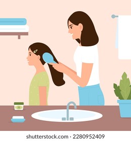 Smiling Mom  combing her little daughter hair with a brush in bathroom. Woman holding comb in hand. Daily routine, spa, self care activity.  Vector illustration