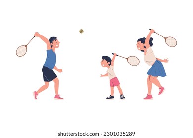 Smiling mom, dad and their son playing tennis together. Happy family training with rackets on court cartoon vector illustration