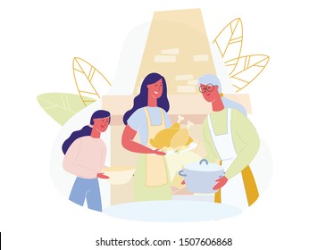 Smiling Mom With Daughter And Grandma Put Food On Table. Woman Prepares Lunch. Chicken On Plate. Family Dinner. Vector Illustration. Family Spends Time Together. Home Interior. Family Situations.