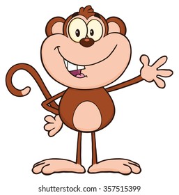 Smiling Monkey Cartoon Character Waving For Greeting. Vector Illustration Isolated On Transparent Background