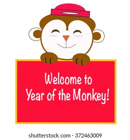 smiling monkey cartoon with welcome message for year of the Monkey