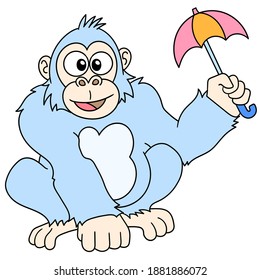 smiling monkey holding umbrella, doodle icon image. cartoon caharacter cute doodle draw