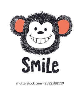 Ilustración sonriente del mono con el texto de la sonrisa para los diseños juguetones, las impresiones de los niños, y la mensajería positiva