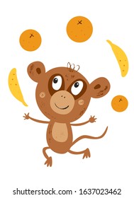 Smiling monkey juggles fruit. Cute African animal. Vector childish background. Hand drawn illustration. Pencil brush texture. Funny Baby animal. Hand Drawn kids cartoon character.