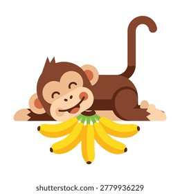 A smiling monkey lies on the ground with a bunch of bananas. Happy animal, tropical fruit, fun scene.