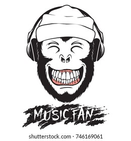 Smiling monkey listening to music through headphones.Prints logo design for t-shirts