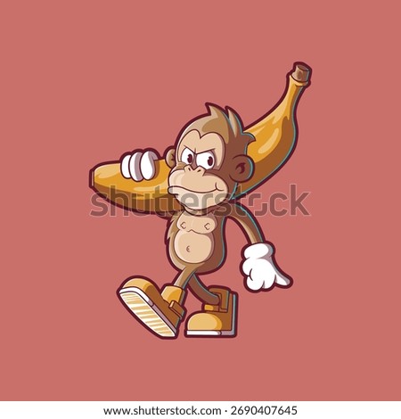 Smiling Monkey Mascot Walking with a Big Banana vector illustration. Mascot, food design concept.