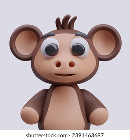 Smiling monkey on gray background. Funny animal, toy for kids. Young chimpanzee. African safari beast. Vector illustration in 3D style in brown and beige colors