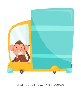 Smiling Monkey with Protruding Ears Driving Lorry Vector Illustration