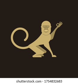 A smiling monkey shows with his fingers that everything is okay. Logo.Vector illustration on a colored background.Flat design.
