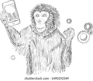 smiling monkey with smart phone showing touch screen