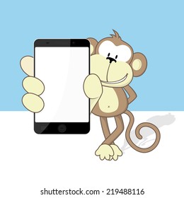 smiling monkey with smart phone showing blank touch screen