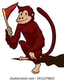 Smiling monkey with tail, sitting on a wooden branch, holding a pennant, isolated over white background.