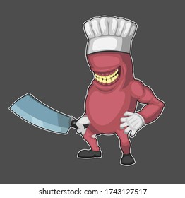 Smiling monster in chef hat holding butcher knife, isolated on gray background.