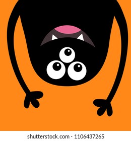 Smiling monster head silhouette. Thtee eyes, teeth tongue, hands. Hanging upside down. Black Funny Cute cartoon character. Baby collection. Happy Halloween card. Flat design. Orange background. Vector
