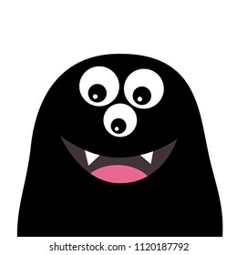 Smiling monster head silhouette. Thtee eyes, teeth, tongue. Black Funny Cute cartoon character. Baby collection. Happy Halloween card. Flat design. White background. Vector illustration