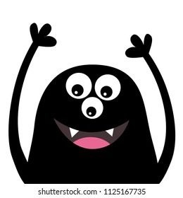 Smiling monster head silhouette. Thtee eyes, teeth, tongue, hands up. Black Funny Cute cartoon character. Baby collection. Happy Halloween card. Flat design. White background. Vector illustration